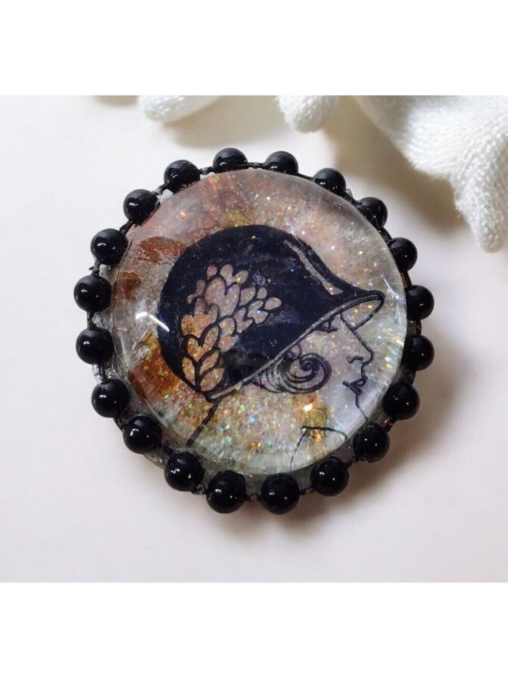 Handmade Convex Glass Art Deco Silhouette Brooch Pin Signed Sue Arys Flapper